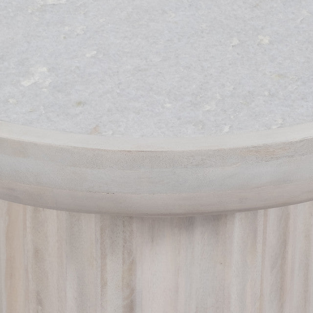 CARVED WOOD BASE MARBLE TOP WHITEWASH