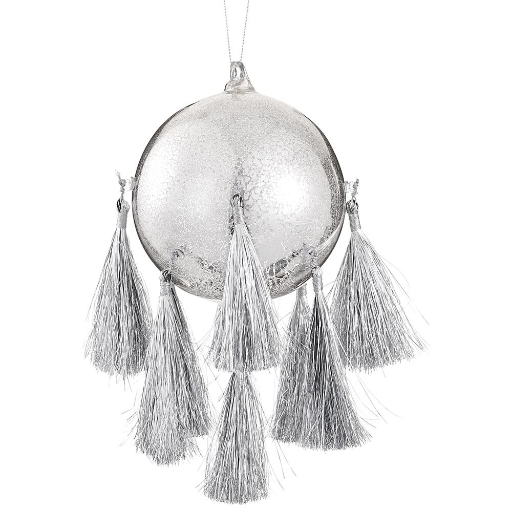 4.75'' GLASS BALL ORNAMENT WITH TASSEL SILVER