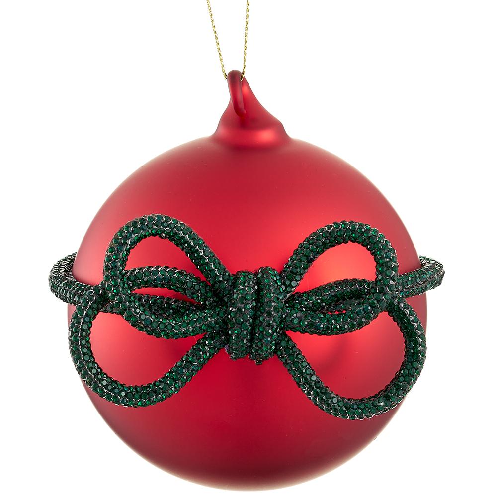 4'' GLASS BALL ORNAMENT WITH DIAMOND BOW RED