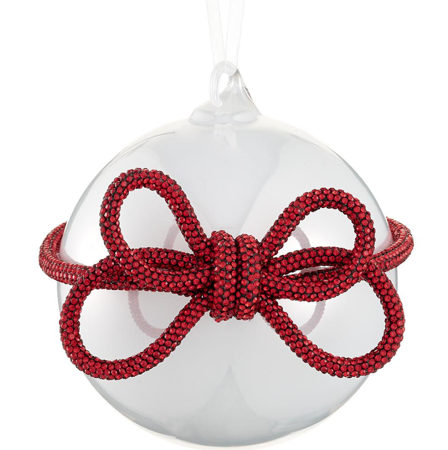 4'' GLASS BALL ORNAMENT WITH DIAMOND BOW PEARL