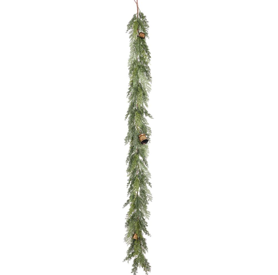 6' MIXED CYPRESS GARLAND WITH BELLS GREEN