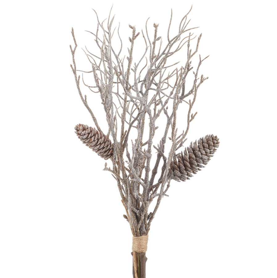 15'' ICED PINE CONE TWIG BUNDLE BROWN