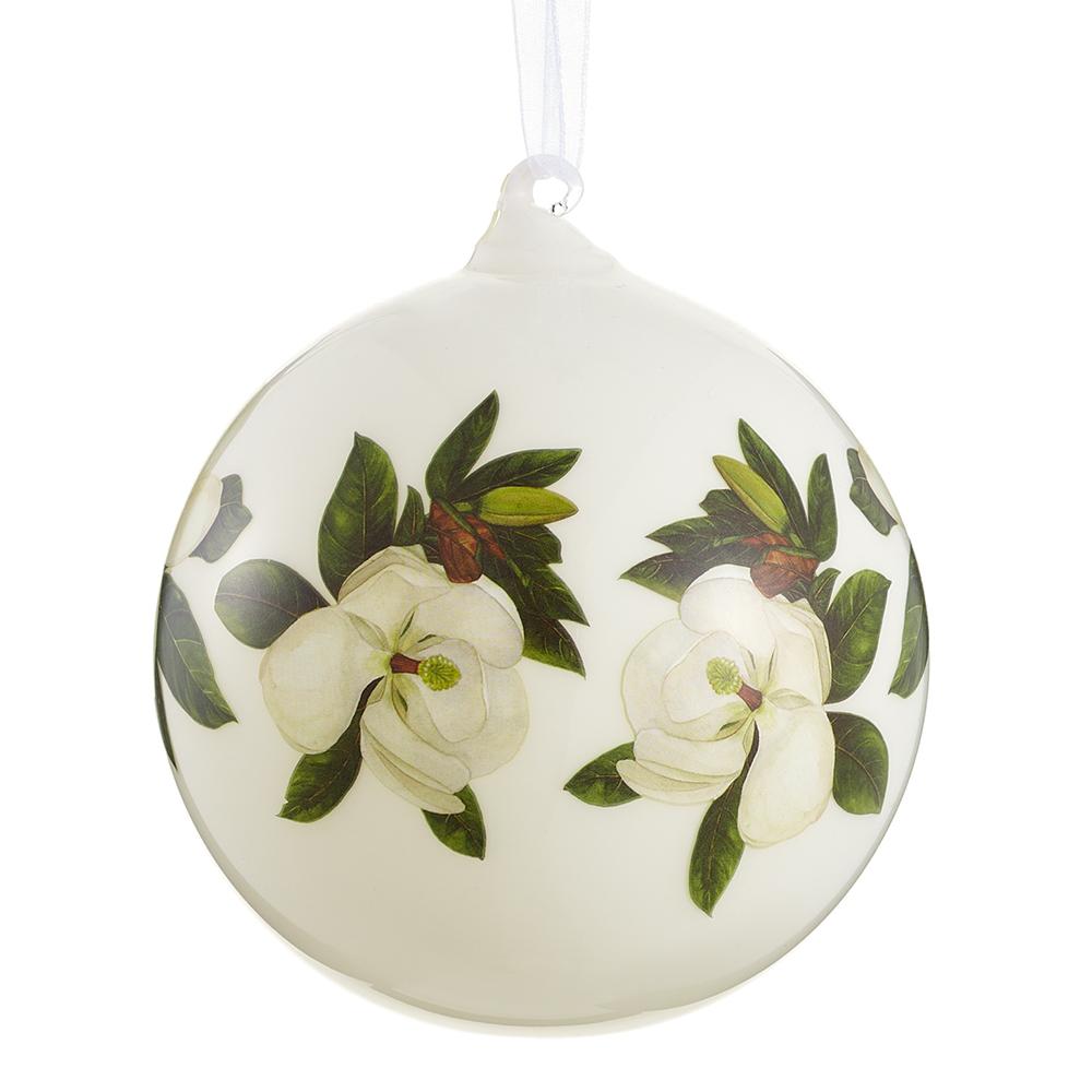 4.75'' GLASS MAGNOLIA BALL ORNAMENT CREAM GREEN