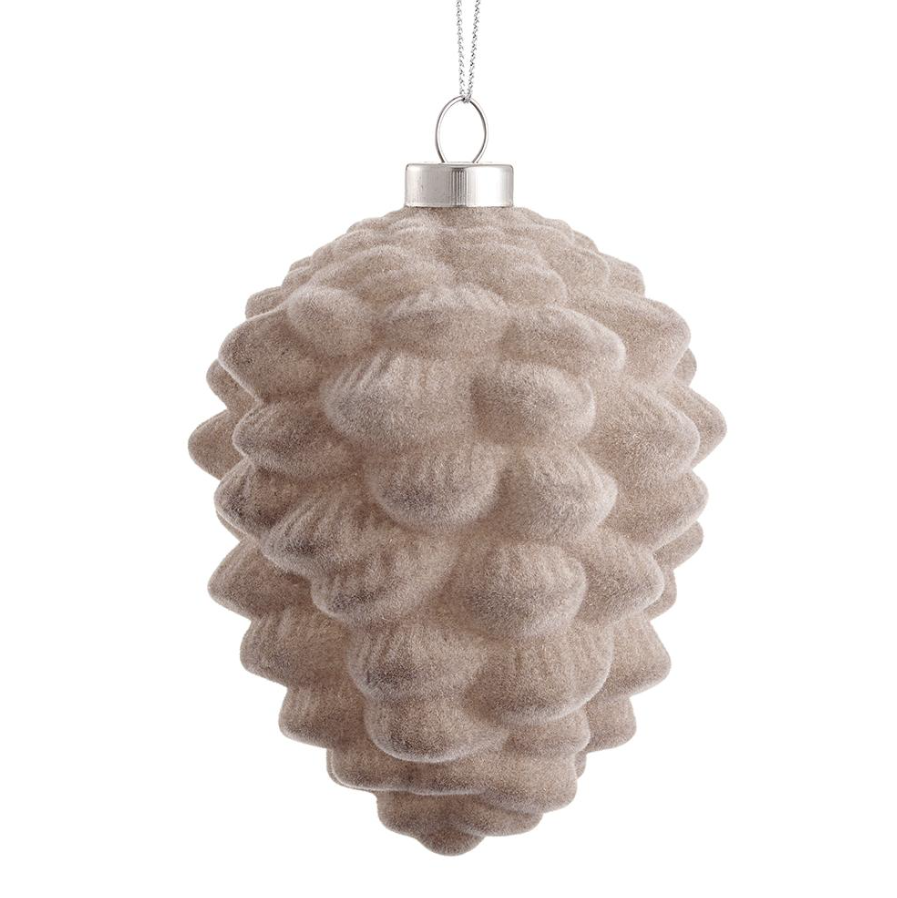 4.75'' FLOCKED GLASS PINE CONE ORNAMENT TAUPE