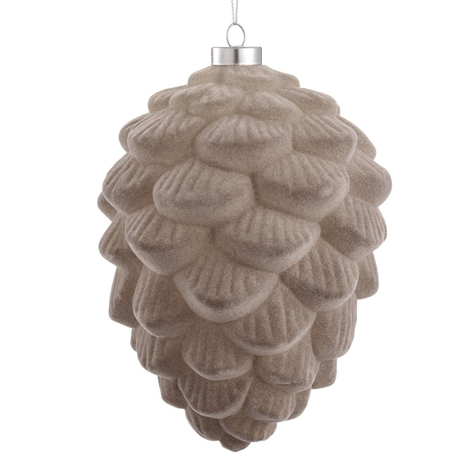 7.5'' FLOCKED GLASS PINE CONE ORNAMENT TAUPE