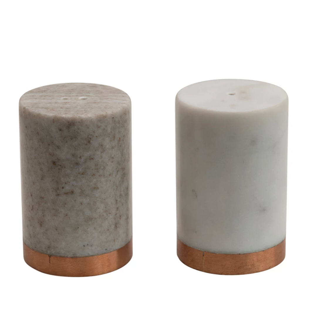 MARBLE SALT & PEPPER SHAKERS W COPPER RING BASE