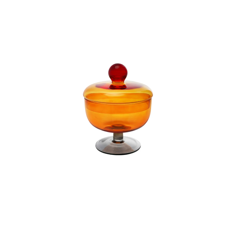 Glass Footed Jar with Lid, Amber Color & Green