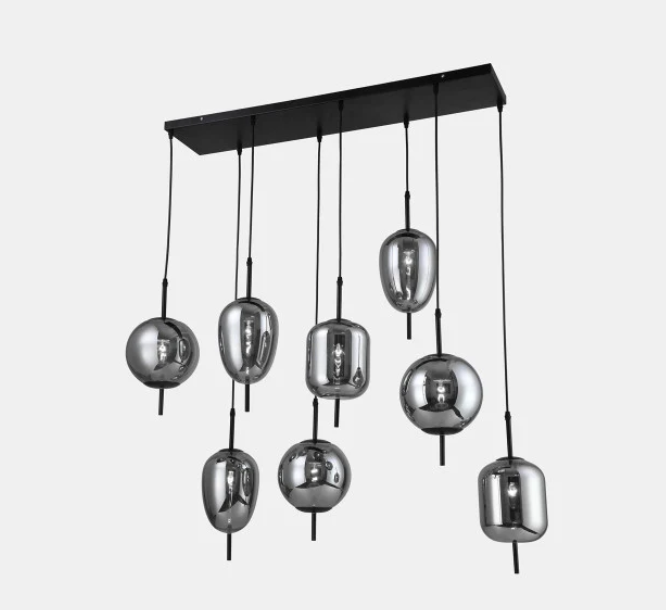 METAL 47" PENDANT LAMP WITH 8 LIGHT SMOKE GLASS