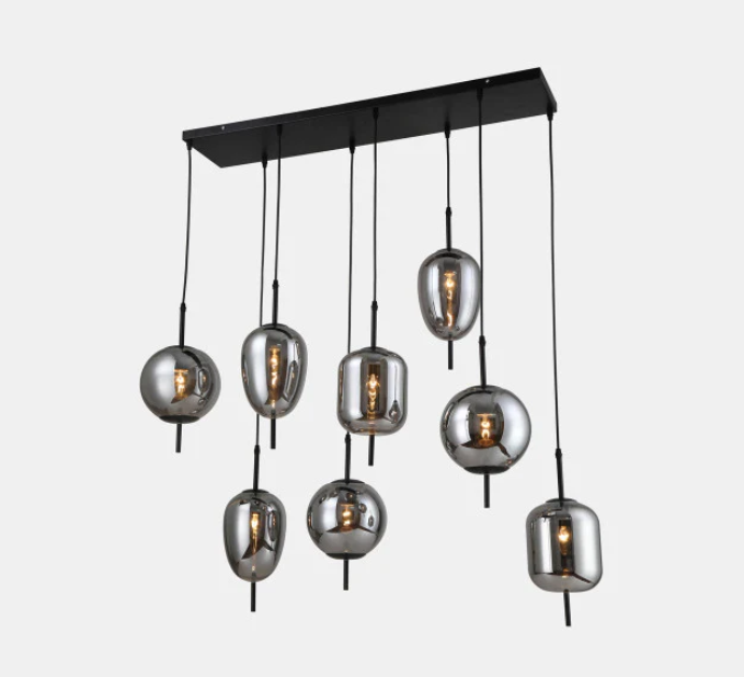 METAL 47" PENDANT LAMP WITH 8 LIGHT SMOKE GLASS