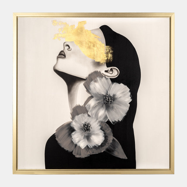 71 x 71 HAND PAINTED GOLD STREAK AND FLOWER WOMAN