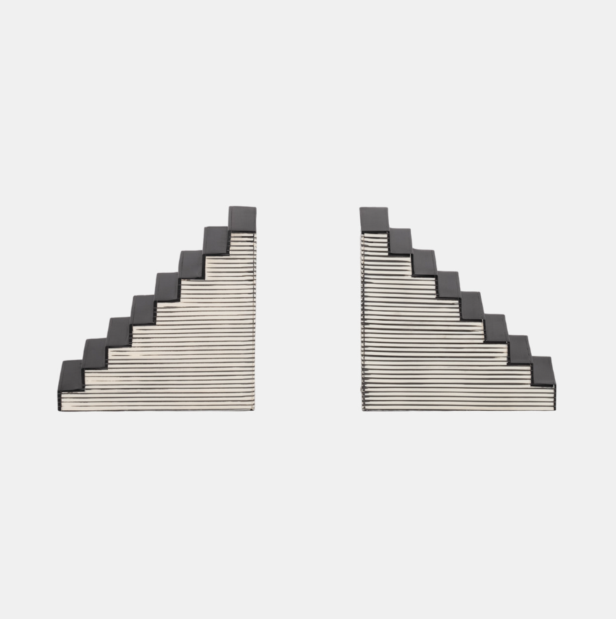 STRIPED STEPS BOOKENDS, BLACK/WHITE 6''