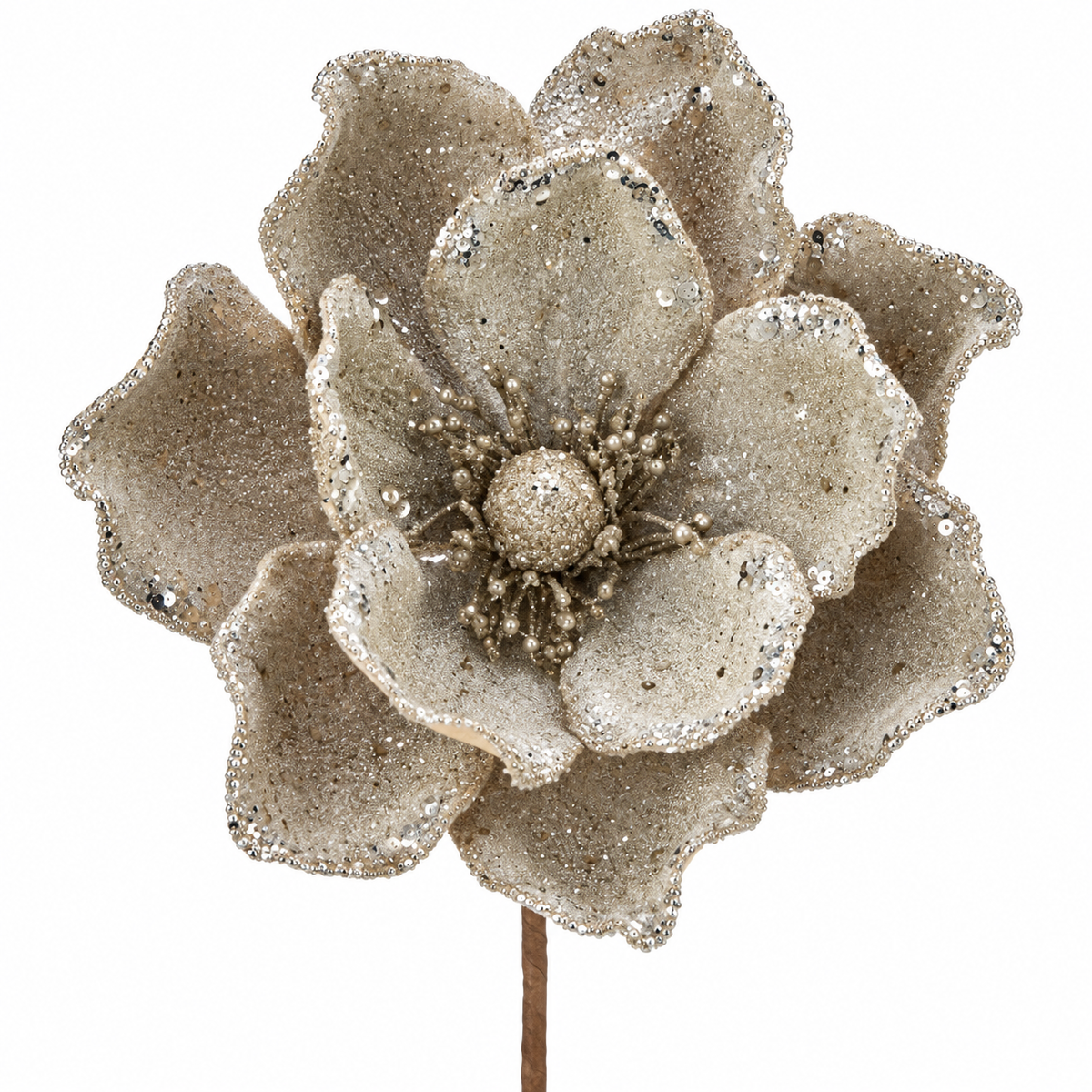24" BEADED SEQUINS MAGNOLIA STEM SILVER