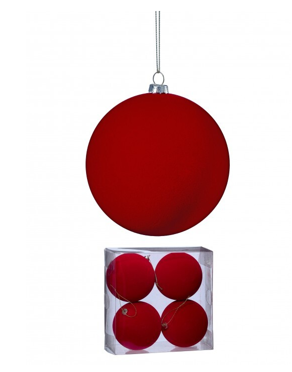 4'' VELVET BALL ORNAMENT BOX OF 4 RED