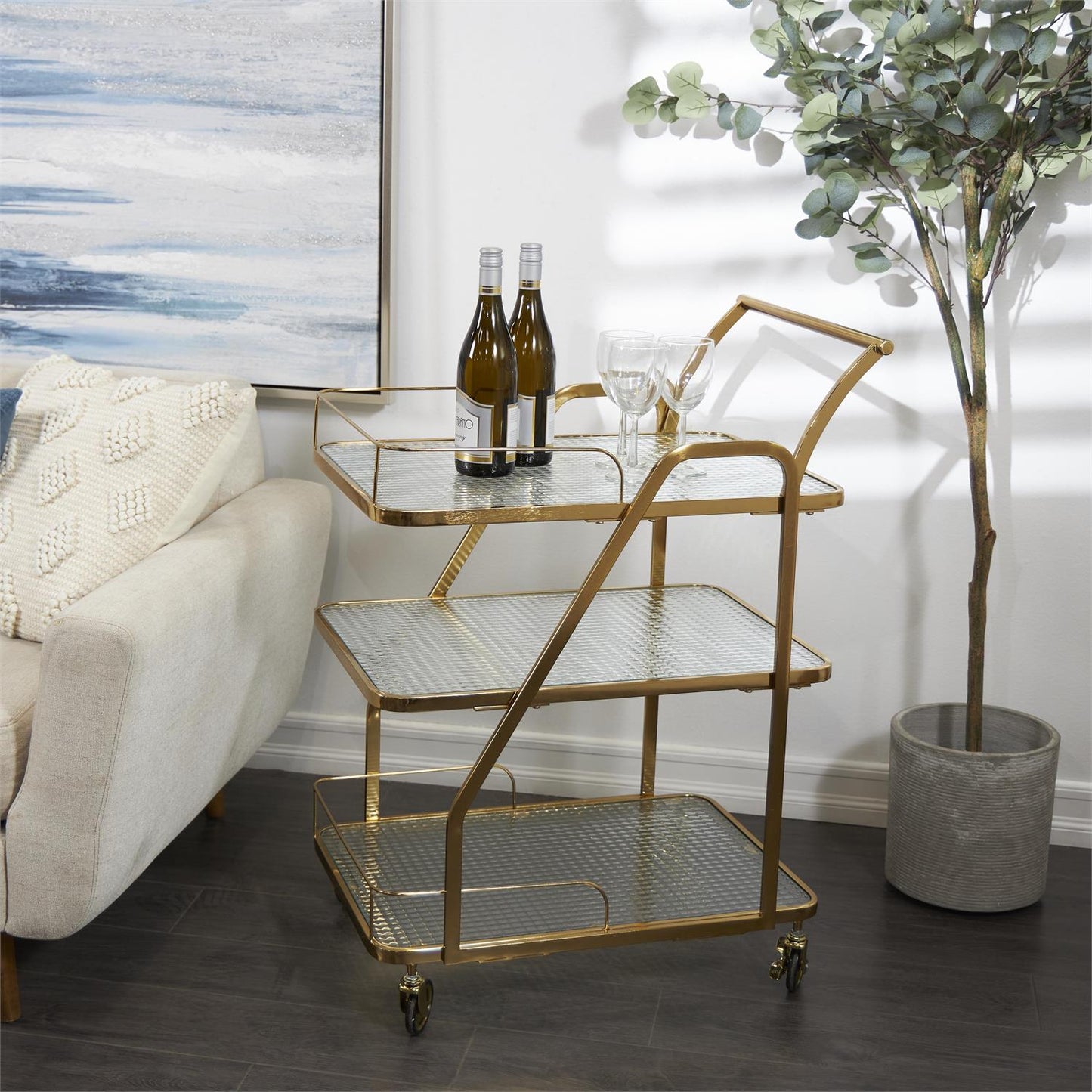 METAL GLASS CART GOLD WITH HANDLE