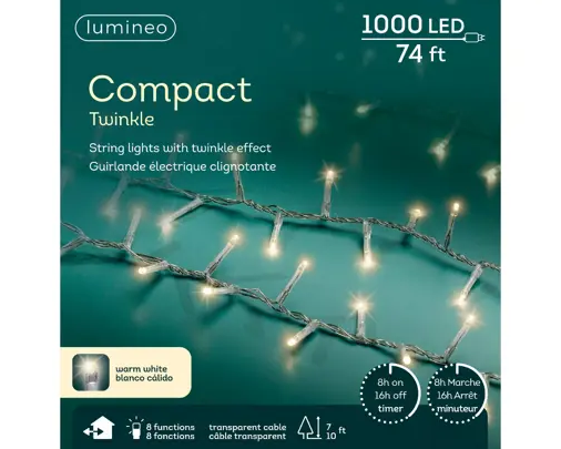 1,000 LED COMPACT LIGHTS US 8 FUNCTION TWINKLE WARM WHITE