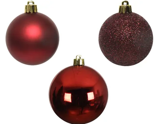 2'' RED BAUBLES POLYSTYRENE SHINY,MATT,GLITTER MIX SET OF 10