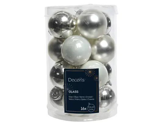 MINI BAUBLES GLASS SHINY MATT ENAMEL MIX SILVER/WHITE SET OF 16