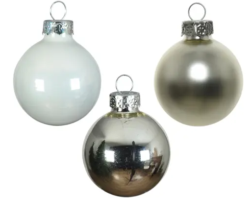 MINI BAUBLES GLASS SHINY MATT ENAMEL MIX SILVER/WHITE SET OF 16