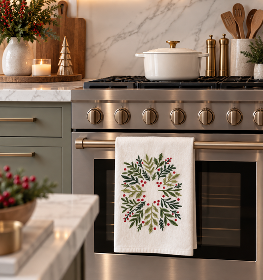 CHRISTMAS BOTANICAL WREATH FLOUR SACK -KITCHEN TOWEL