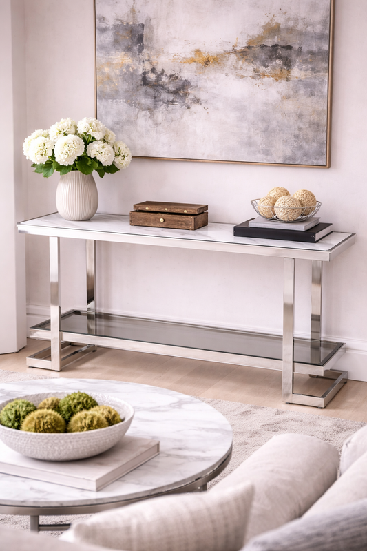 METAL MARBLE GLASS CONSOLE TABLE SILVER