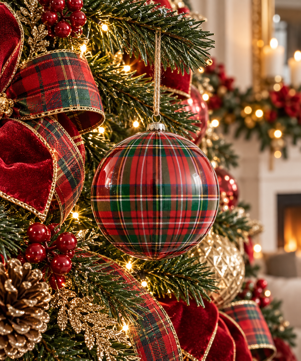 6'' PLAID BALL ORNAMENT RED AND GREEN