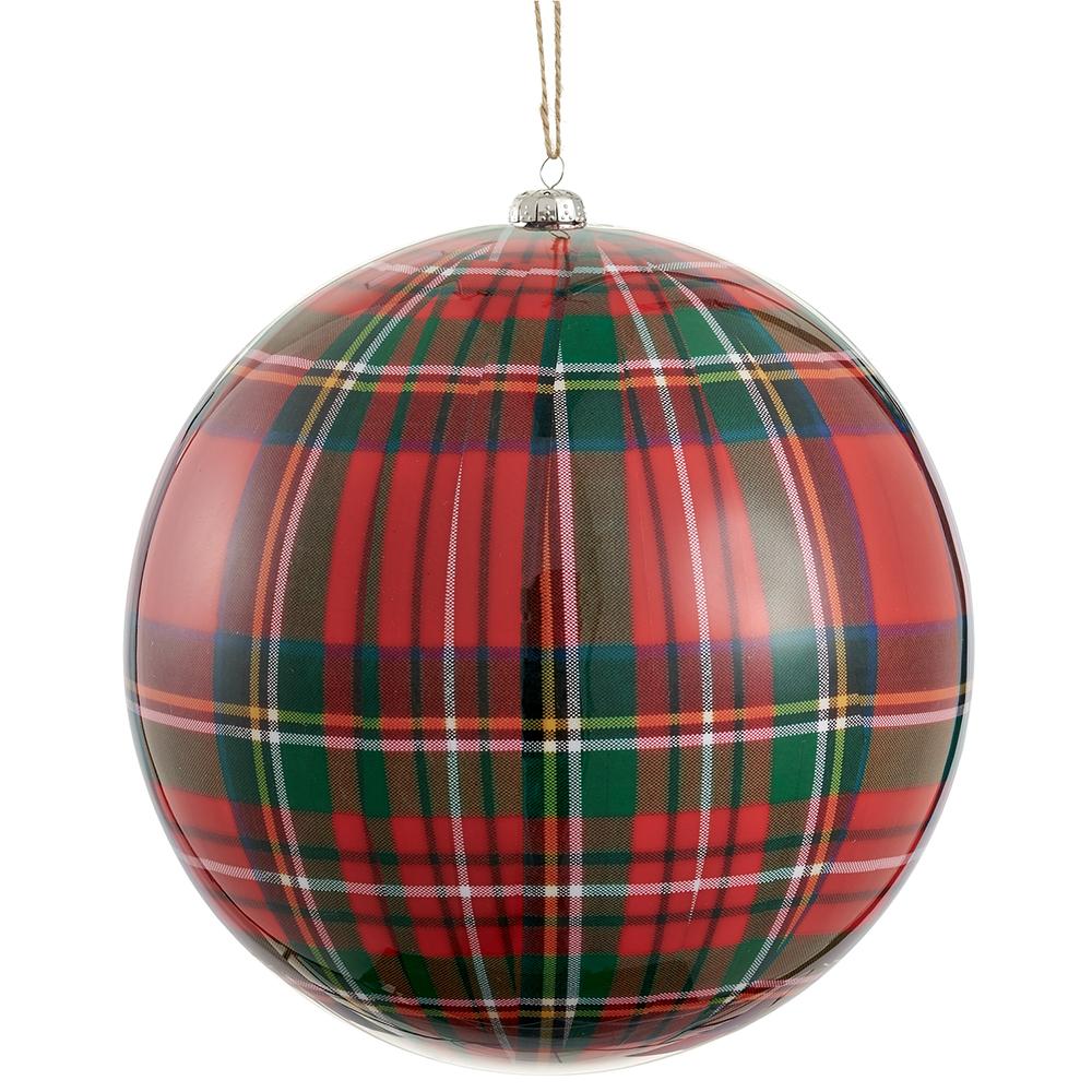 8'' PLAID PLASTIC BALL ORNAMENT RED GREEN
