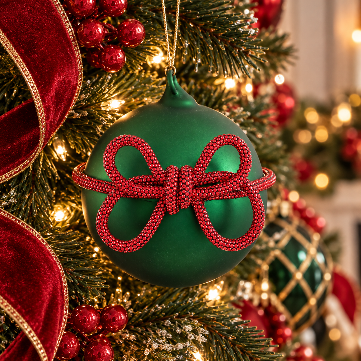 4'' GLASS BALL ORNAMENT WITH DIAMOND BOW GREEN