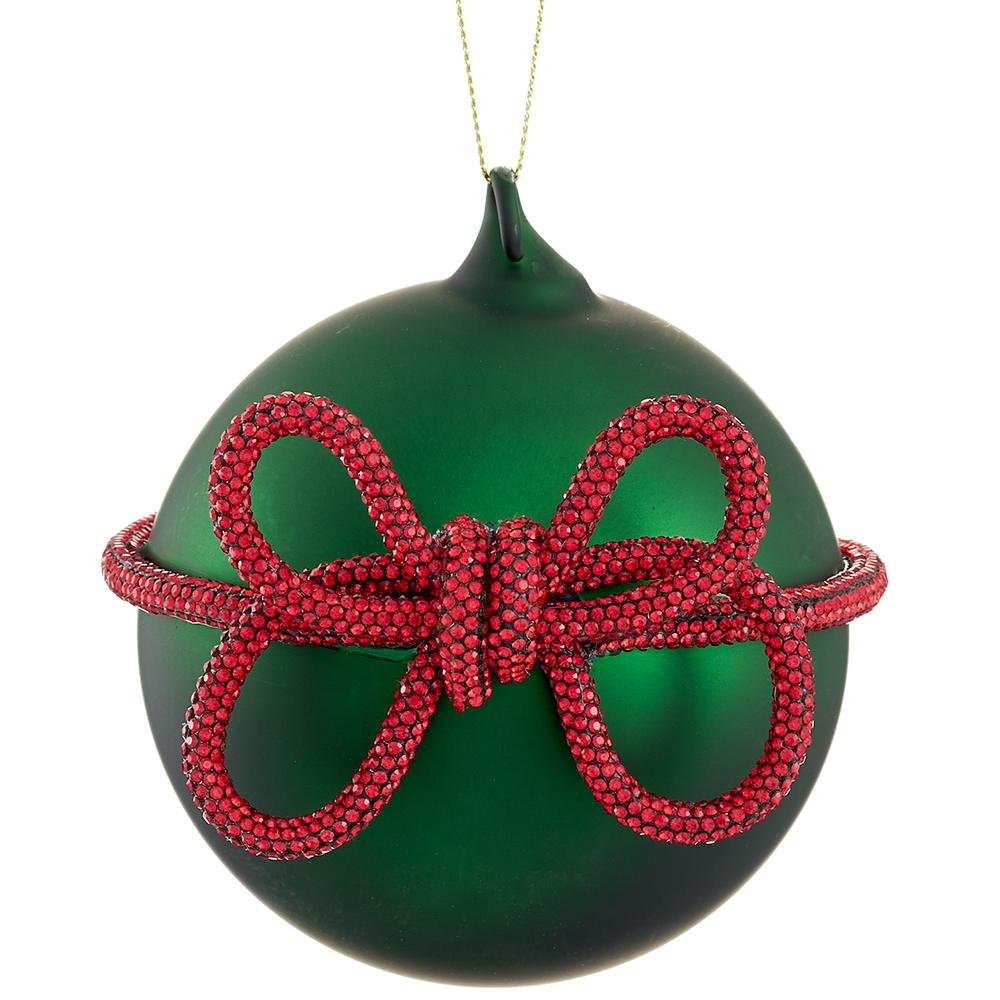 4'' GLASS BALL ORNAMENT WITH DIAMOND BOW GREEN