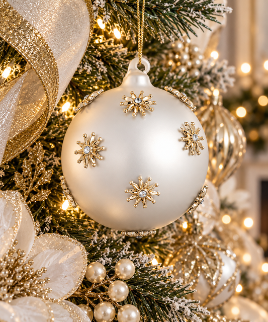 4'' DIAMOND GLASS BALL ORNAMENT PEARL