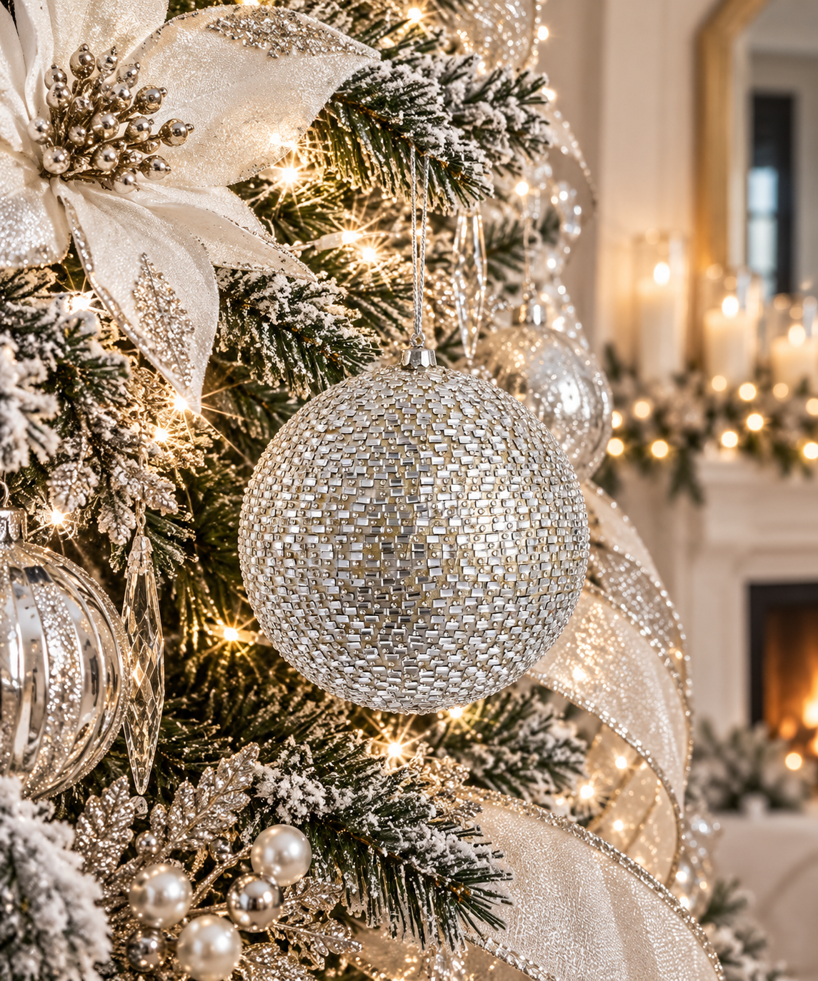 5'' JEWELED SILVER BALL ORNAMENT