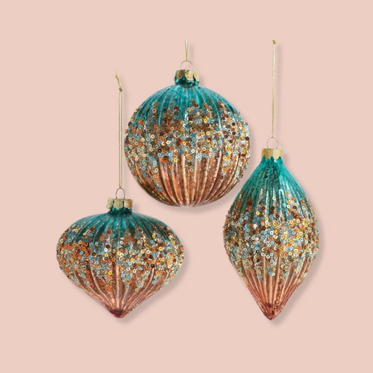 TEAL/ROSE GLASS ORNAMENTS