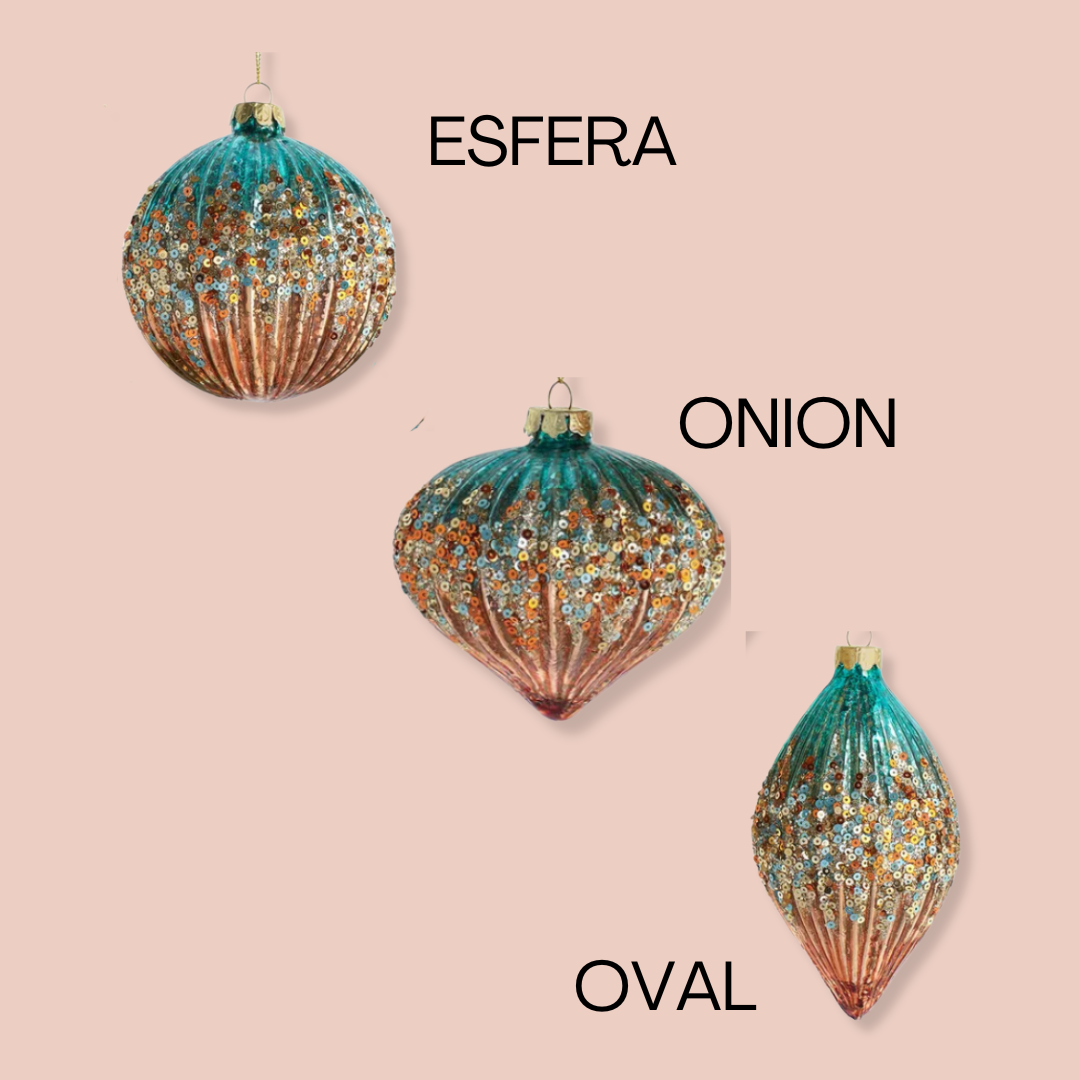 TEAL/ROSE GLASS ORNAMENTS