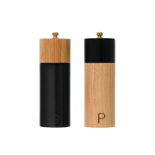 S/2 RUBBER WOOD SALT& PEPPER MILLS, BLK & NATURAL