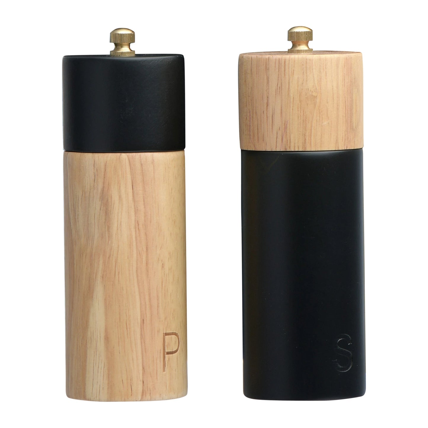 S/2 RUBBER WOOD SALT& PEPPER MILLS, BLK & NATURAL