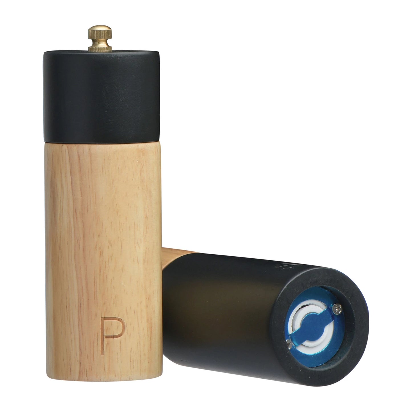 S/2 RUBBER WOOD SALT& PEPPER MILLS, BLK & NATURAL