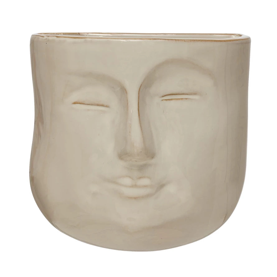 STONEWARE WALL PLANTER W FACE,REACTIVE GLAZE,CREAM