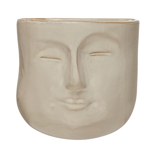 STONEWARE WALL PLANTER W FACE,REACTIVE GLAZE,CREAM