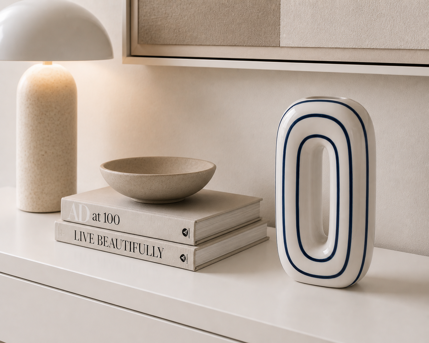 Ceramic O-Shaped Striped Vase, White & Navy Color