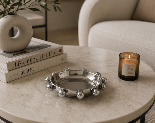 Stoneware Dish with Balls, Chrome Finish