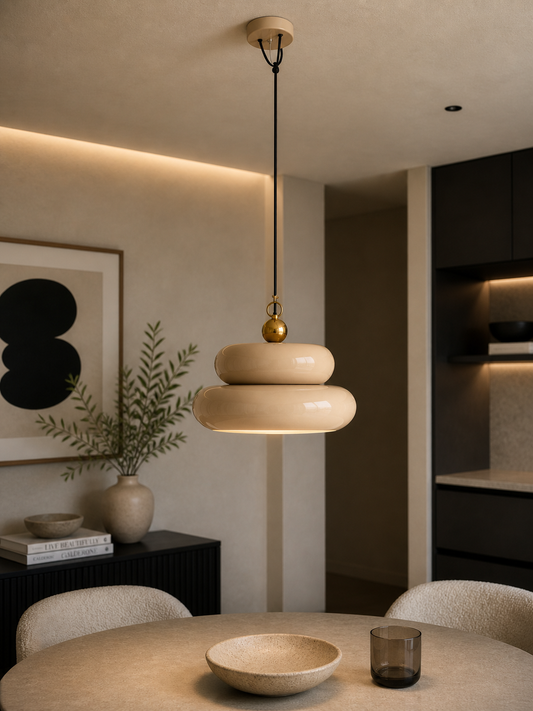 Enameled Metal Pendant Lamp, 6' Fabric Cord Tan Color