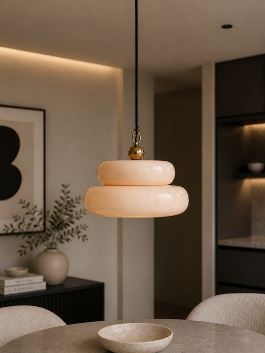 Enameled Metal Pendant Lamp, 6' Fabric Cord, Pink & Gold Finish