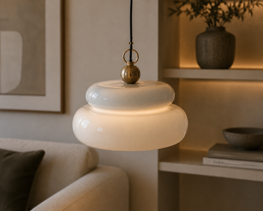 Enameled Metal Pendant Lamp, 6' Fabric Cord, Grey & Gold Finish