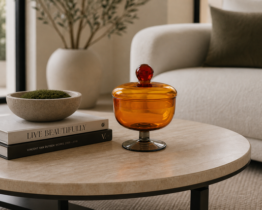 Glass Footed Jar with Lid, Amber Color & Green
