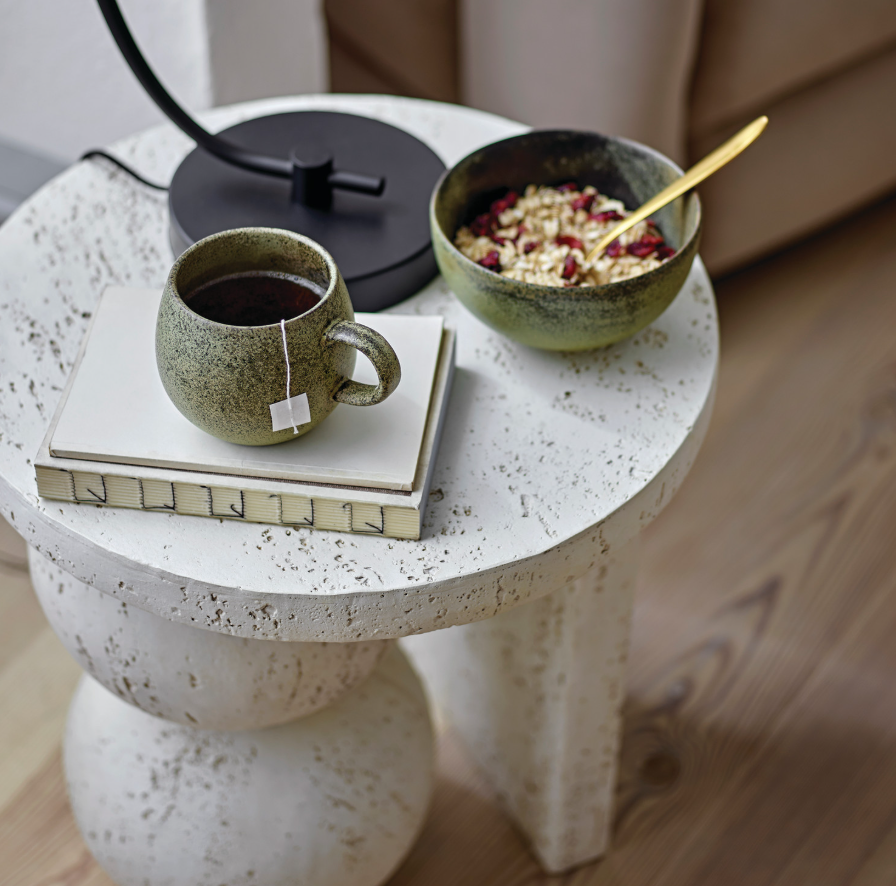 Resin Table with Stacked Ball Base, Travertine Finish, Cream Color