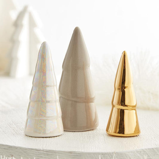 CERAMIC CHARTERIE TREE SET OF 3-WHITE & GOLD