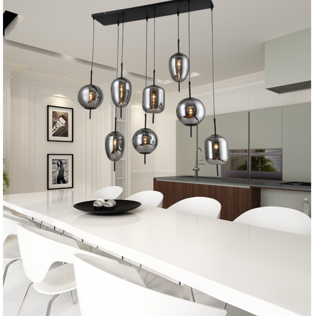 METAL 47" PENDANT LAMP WITH 8 LIGHT SMOKE GLASS
