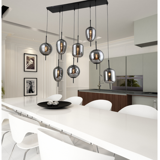 METAL 47" PENDANT LAMP WITH 8 LIGHT SMOKE GLASS