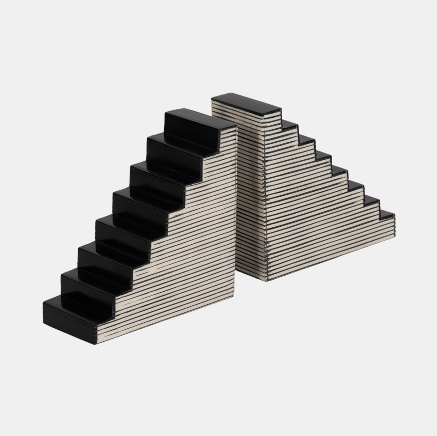 STRIPED STEPS BOOKENDS, BLACK/WHITE 6''