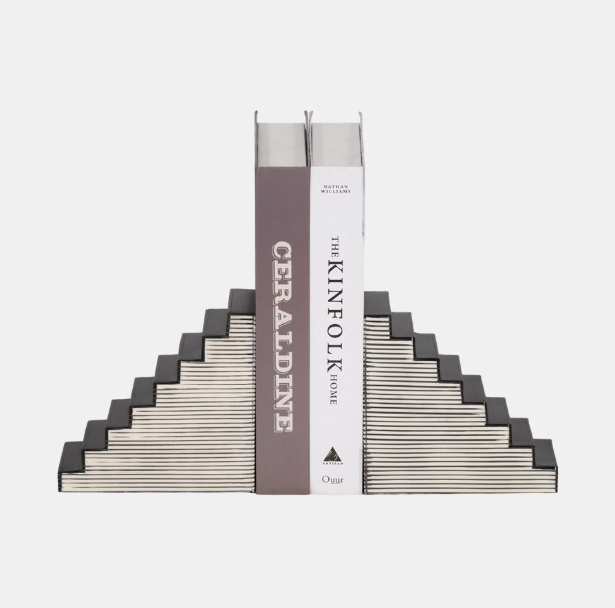 STRIPED STEPS BOOKENDS, BLACK/WHITE 6''