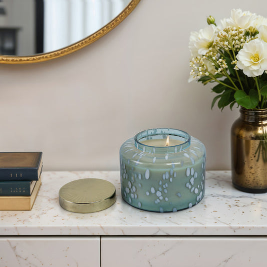 71 oz JASMINE SPECKLE LIDDED CANDLE BLUE & GOLD